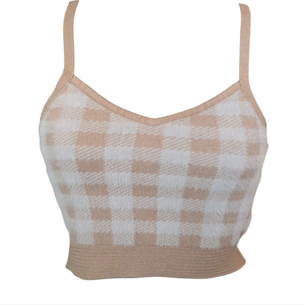 PRICE DROP! Haute Monde Fuzzy Checkerboard Knit Crop Sweater Tank S
